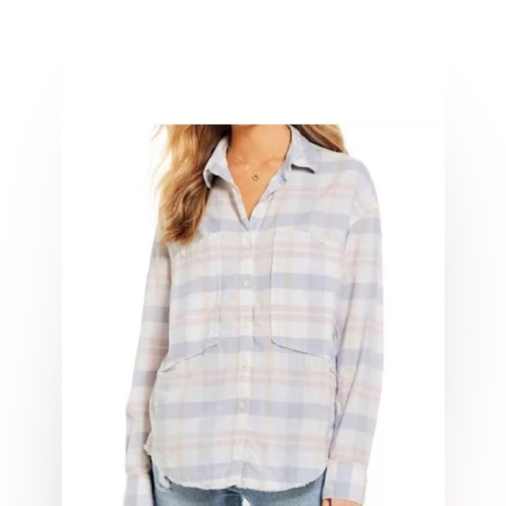 EUC Free People Plaid Button Down Shirt soft Pink Blue White Soft Summer Small